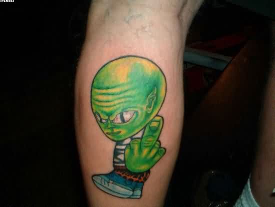 Green Ink Stylish Alien Tattoo On Leg