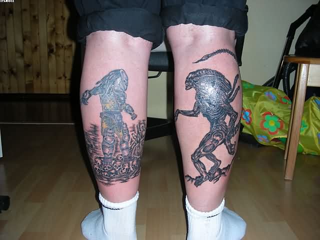 Predator And Alien Tattoos On Back Legs