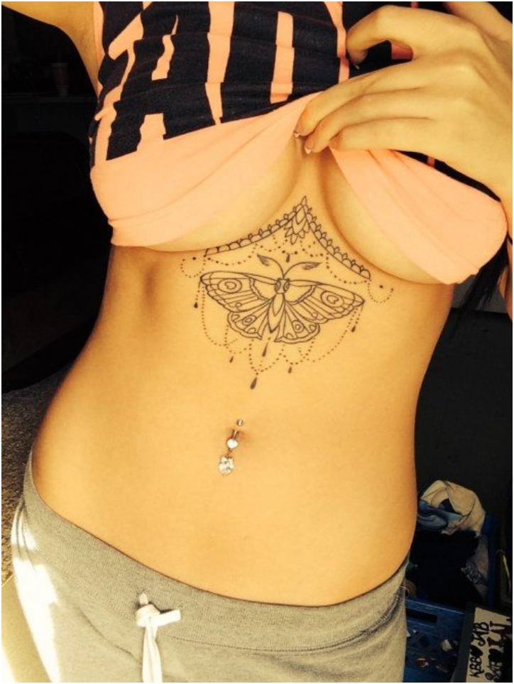 Outline Butterfly Under Breast Tattoo