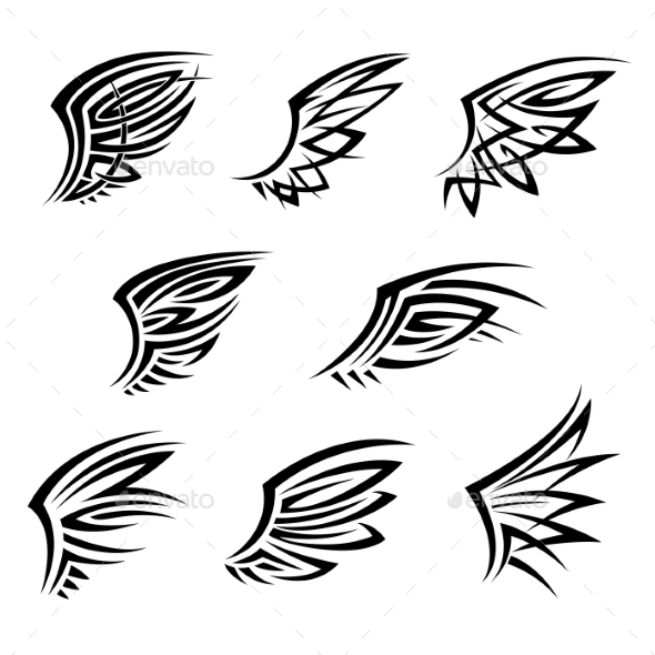 Black Tribal Tattoo Wings With Decorative Feathers